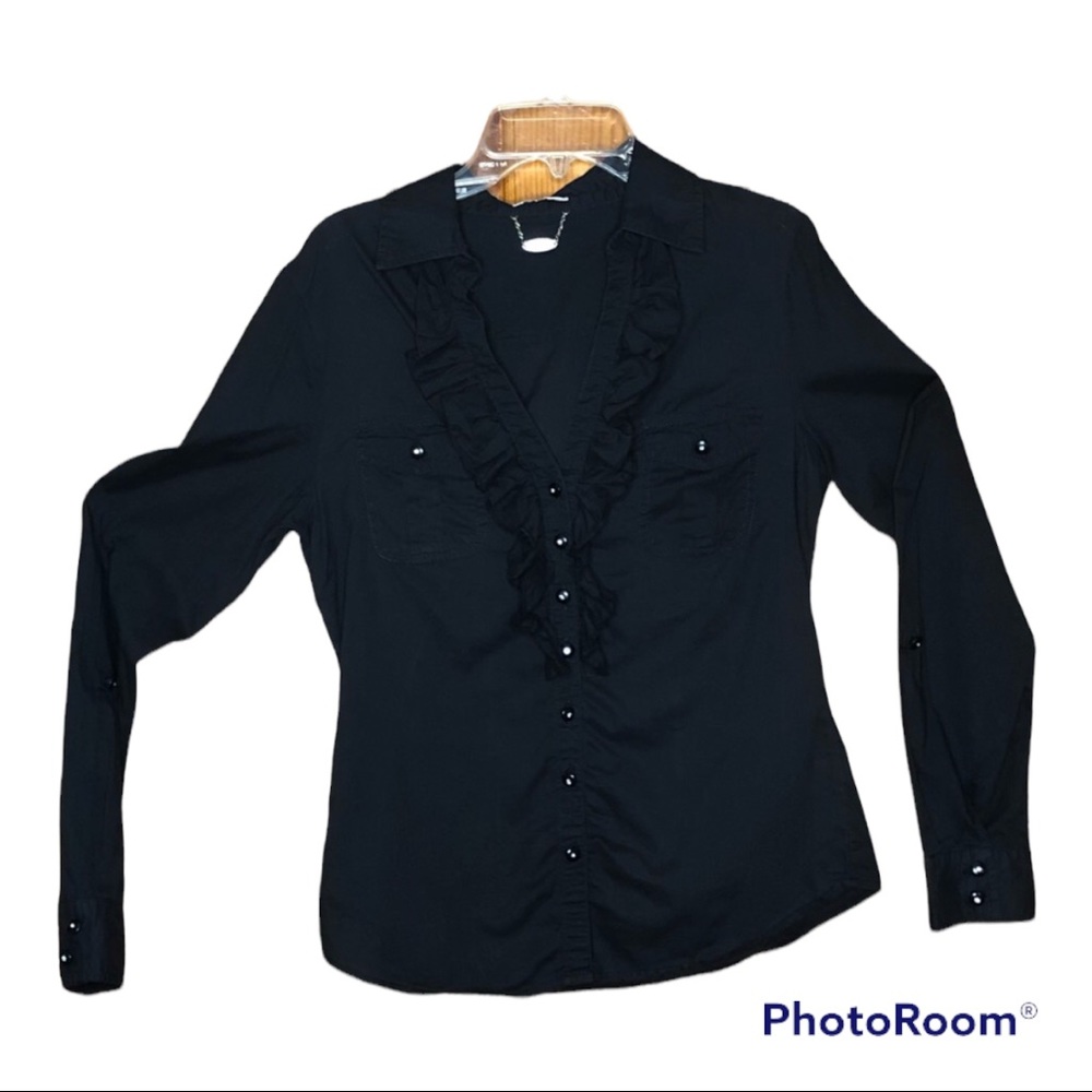 Black button down w/ rhinestone buttons ruffles size medium Ali & Kris
